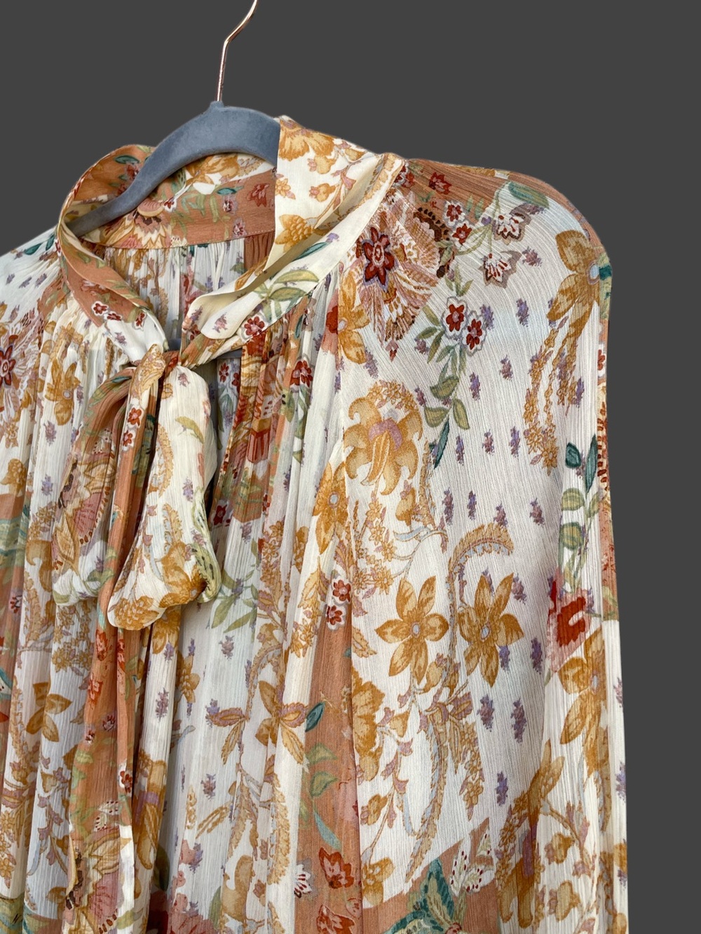 SEZANE Orange Tan Boho Floral Patchwork Flowy Chiffon Tie Back Solange Blouse - Picture 13 of 17